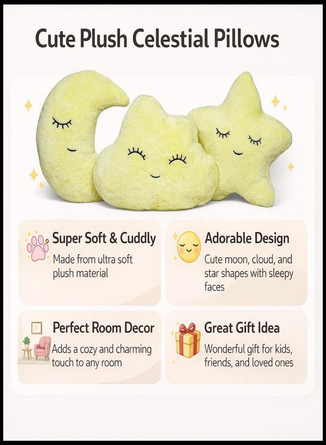 Humpy Hare Cute Soft Plush Cloud Moon Star Pillow Toy Set, Cot Cushion - Pack of 3, Playing Soft Toy for Kids, Children, Baby Play Cushion, Stuffed Plush Pillow (Lemon Yellow) - Image 3